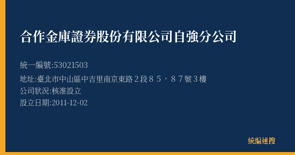 合作金庫證券股份有限公司自強分公司的照片-統編 53021503(臺北市) 公司登記資料與營業項目詳細圖表