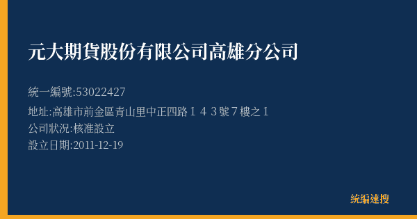 元大期貨股份有限公司高雄分公司的照片-統編 53022427(高雄市) 公司登記資料與營業項目詳細圖表