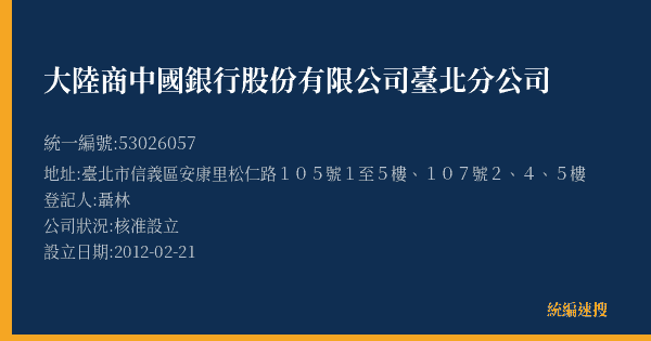 大陸商中國銀行股份有限公司臺北分公司的照片-統編 53026057(臺北市) 公司登記資料與營業項目詳細圖表