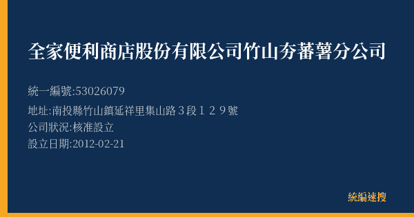 全家便利商店股份有限公司竹山夯蕃薯分公司的照片-統編 53026079(南投縣) 公司登記資料與營業項目詳細圖表