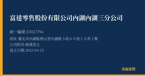 富達零售股份有限公司內湖內湖三分公司的照片-統編 53027794(臺北市) 公司登記資料與營業項目詳細圖表