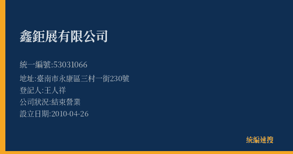 鑫鉅展有限公司的照片-統編 53031066(臺南市) 公司登記資料與營業項目詳細圖表