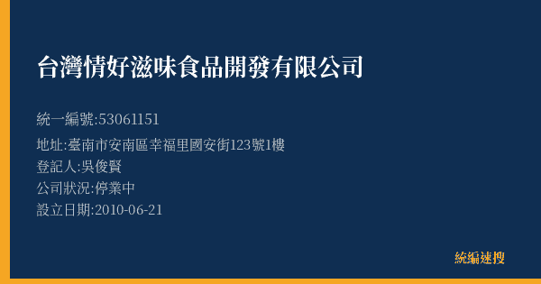 台灣情好滋味食品開發有限公司的照片-統編 53061151(臺南市) 公司登記資料與營業項目詳細圖表