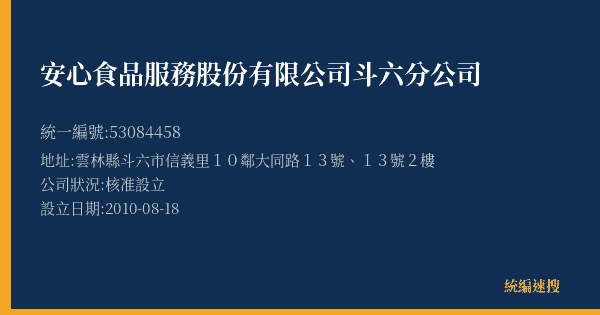 安心食品服務股份有限公司斗六分公司的照片-統編 53084458(雲林縣) 公司登記資料與營業項目詳細圖表