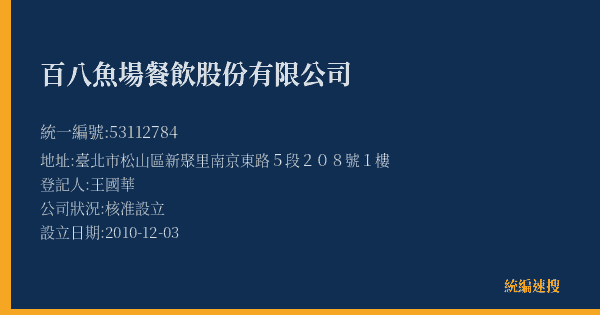 百八魚場餐飲股份有限公司的照片-統編 53112784(臺北市) 公司登記資料與營業項目詳細圖表