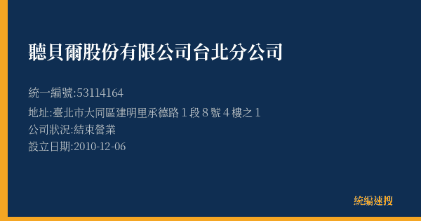 聽貝爾股份有限公司台北分公司的照片-統編 53114164(臺北市) 公司登記資料與營業項目詳細圖表
