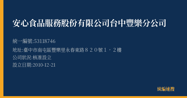 安心食品服務股份有限公司台中豐樂分公司的照片-統編 53118746(臺中市) 公司登記資料與營業項目詳細圖表