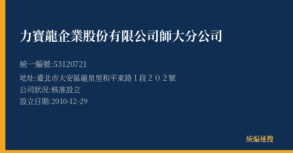 力寳龍企業股份有限公司師大分公司的照片-統編 53120721(臺北市) 公司登記資料與營業項目詳細圖表