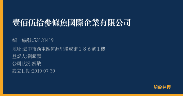 壹佰伍拾參條魚國際企業有限公司的照片-統編 53131419(臺中市) 公司登記資料與營業項目詳細圖表