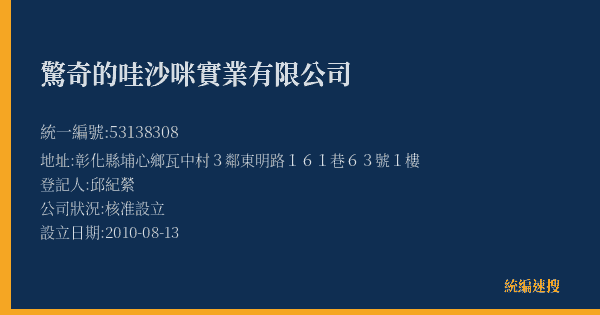 驚奇的哇沙咪實業有限公司的照片-統編 53138308(彰化縣) 公司登記資料與營業項目詳細圖表