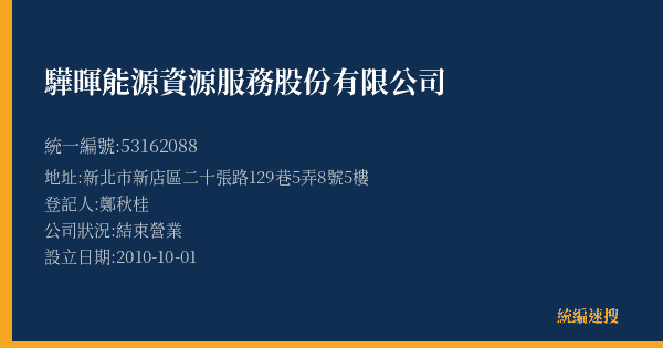 驊暉能源資源服務股份有限公司的照片-統編 53162088(新北市) 公司登記資料與營業項目詳細圖表