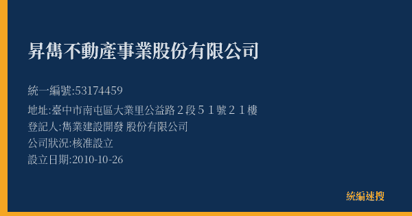 昇雋不動產事業股份有限公司的照片-統編 53174459(臺中市) 公司登記資料與營業項目詳細圖表