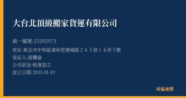 大台北頂級搬家貨運有限公司的照片-統編 53205973(新北市) 公司登記資料與營業項目詳細圖表