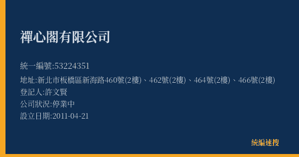 禪心閣有限公司的照片-統編 53224351(新北市) 公司登記資料與營業項目詳細圖表