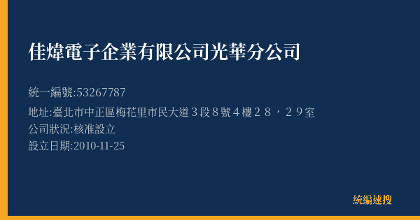 佳煒電子企業有限公司光華分公司的照片-統編 53267787(臺北市) 公司登記資料與營業項目詳細圖表