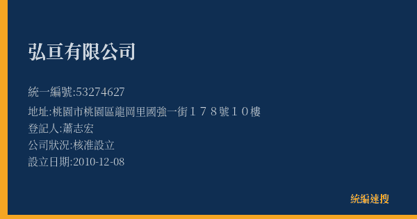 弘亘有限公司的照片-統編 53274627(桃園市) 公司登記資料與營業項目詳細圖表