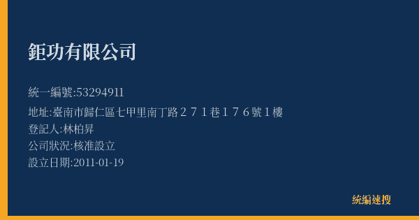 鉅功有限公司的照片-統編 53294911(臺南市) 公司登記資料與營業項目詳細圖表