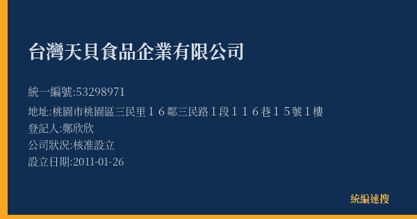 台灣天貝食品企業有限公司的照片-統編 53298971(桃園市) 公司登記資料與營業項目詳細圖表