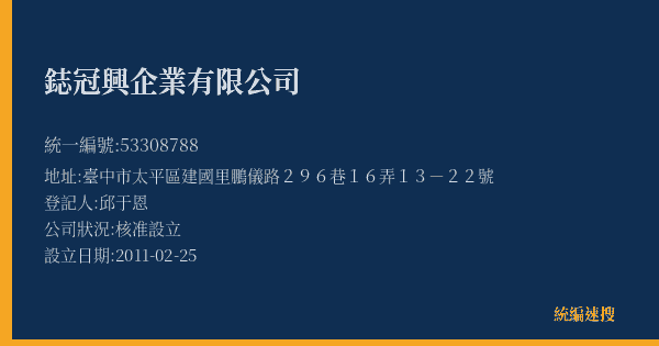 鋕冠興企業有限公司的照片-統編 53308788(臺中市) 公司登記資料與營業項目詳細圖表