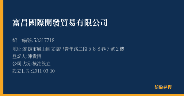 富昌國際開發貿易有限公司的照片-統編 53317718(高雄市) 公司登記資料與營業項目詳細圖表