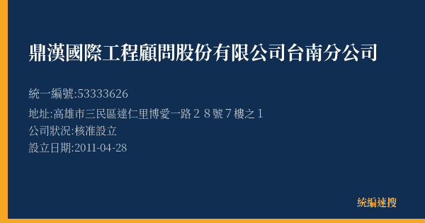 鼎漢國際工程顧問股份有限公司台南分公司的照片-統編 53333626(高雄市) 公司登記資料與營業項目詳細圖表