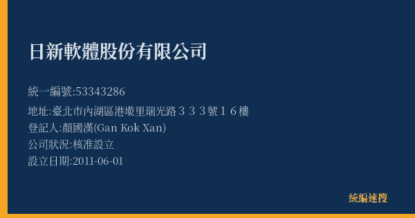 日新軟體股份有限公司的照片-統編 53343286(臺北市) 公司登記資料與營業項目詳細圖表