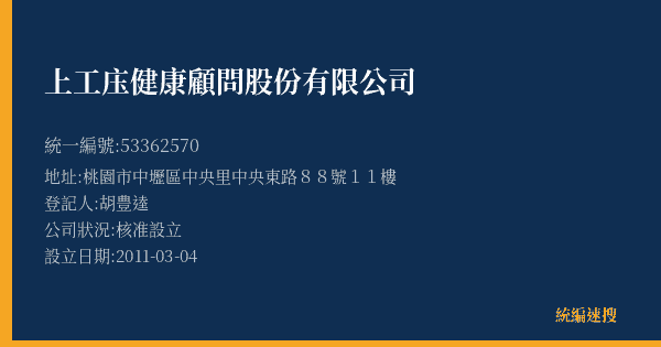 上工庒健康顧問股份有限公司的照片-統編 53362570(桃園市) 公司登記資料與營業項目詳細圖表