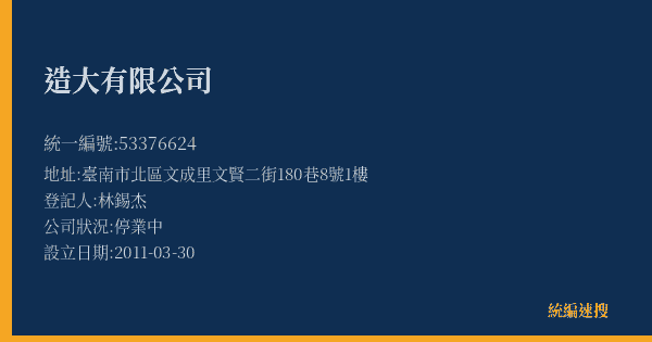 造大有限公司的照片-統編 53376624(臺南市) 公司登記資料與營業項目詳細圖表