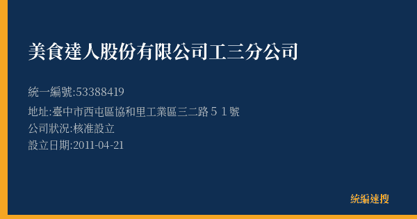 美食達人股份有限公司工三分公司的照片-統編 53388419(臺中市) 公司登記資料與營業項目詳細圖表