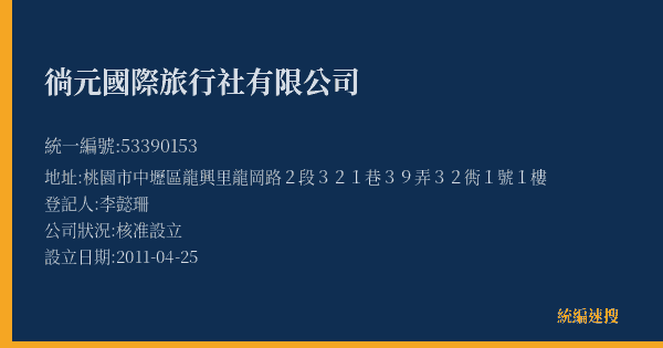 徜元國際旅行社有限公司的照片-統編 53390153(桃園市) 公司登記資料與營業項目詳細圖表