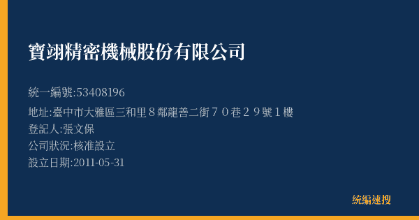 寶翊精密機械股份有限公司的照片-統編 53408196(臺中市) 公司登記資料與營業項目詳細圖表