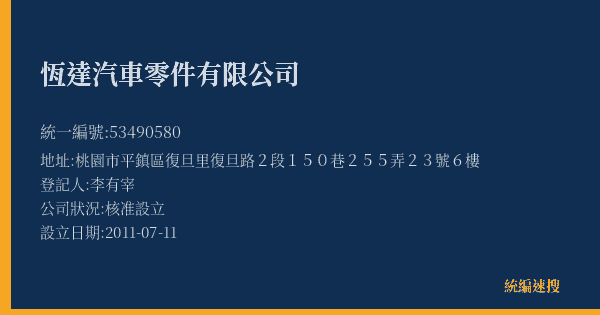 恆達汽車零件有限公司的照片-統編 53490580(桃園市) 公司登記資料與營業項目詳細圖表