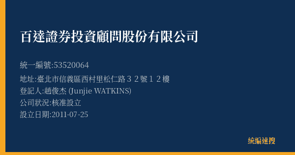 百達證券投資顧問股份有限公司的照片-統編 53520064(臺北市) 公司登記資料與營業項目詳細圖表