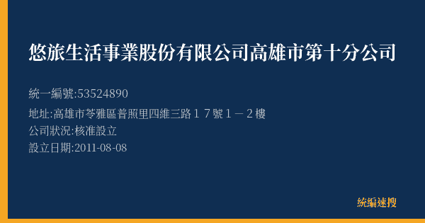 悠旅生活事業股份有限公司高雄市第十分公司的照片-統編 53524890(高雄市) 公司登記資料與營業項目詳細圖表