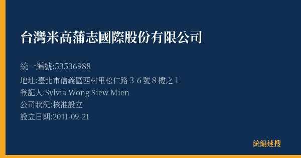 台灣米高蒲志國際股份有限公司的照片-統編 53536988(臺北市) 公司登記資料與營業項目詳細圖表