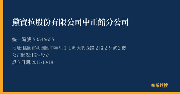 黛寶拉股份有限公司中正館分公司的照片-統編 53546655(桃園市) 公司登記資料與營業項目詳細圖表