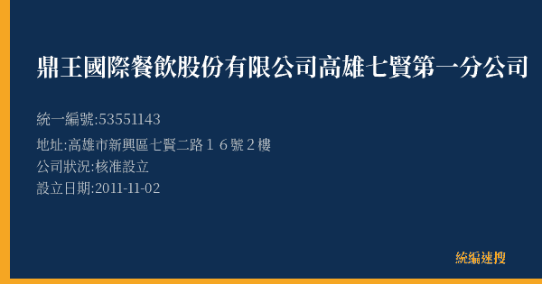 鼎王國際餐飲股份有限公司高雄七賢第一分公司的照片-統編 53551143(高雄市) 公司登記資料與營業項目詳細圖表