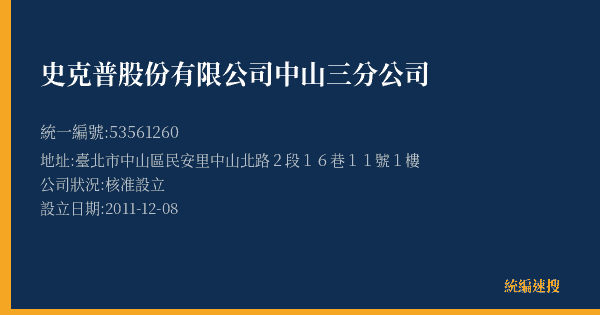 史克普股份有限公司中山三分公司的照片-統編 53561260(臺北市) 公司登記資料與營業項目詳細圖表