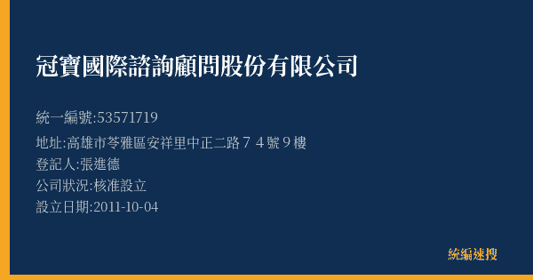 冠寶國際諮詢顧問股份有限公司的照片-統編 53571719(高雄市) 公司登記資料與營業項目詳細圖表
