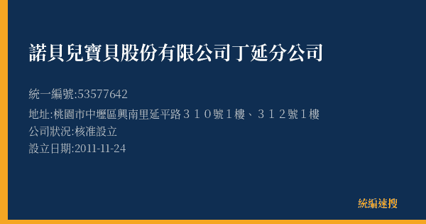 諾貝兒寶貝股份有限公司丁延分公司的照片-統編 53577642(桃園市) 公司登記資料與營業項目詳細圖表