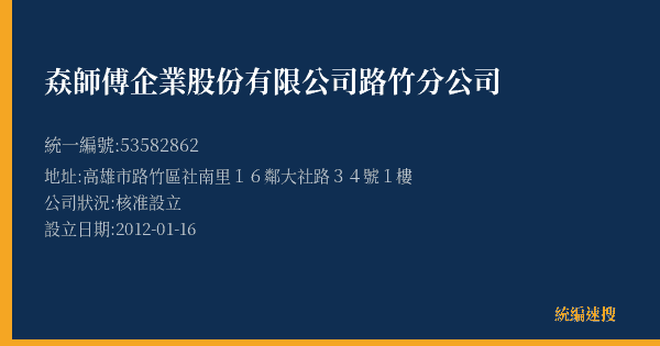 𡘙師傅企業股份有限公司路竹分公司的照片-統編 53582862(高雄市) 公司登記資料與營業項目詳細圖表