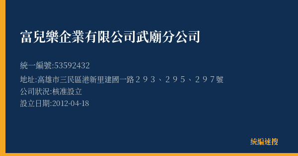 富兒樂企業有限公司武廟分公司的照片-統編 53592432(高雄市) 公司登記資料與營業項目詳細圖表