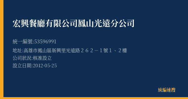 宏興餐廳有限公司鳳山光遠分公司的照片-統編 53596991(高雄市) 公司登記資料與營業項目詳細圖表