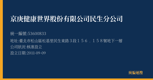 京庚健康世界股份有限公司民生分公司的照片-統編 53600833(臺北市) 公司登記資料與營業項目詳細圖表