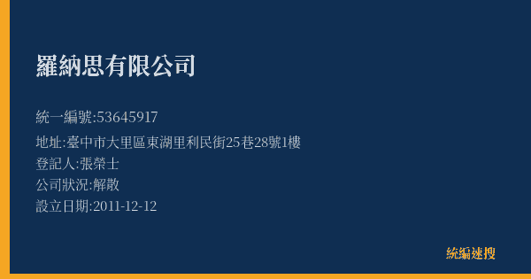 羅納思有限公司的照片-統編 53645917(臺中市) 公司登記資料與營業項目詳細圖表