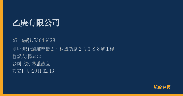 乙庚有限公司的照片-統編 53646628(彰化縣) 公司登記資料與營業項目詳細圖表