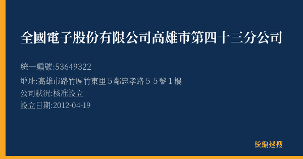 全國電子股份有限公司高雄市第四十三分公司的照片-統編 53649322(高雄市) 公司登記資料與營業項目詳細圖表