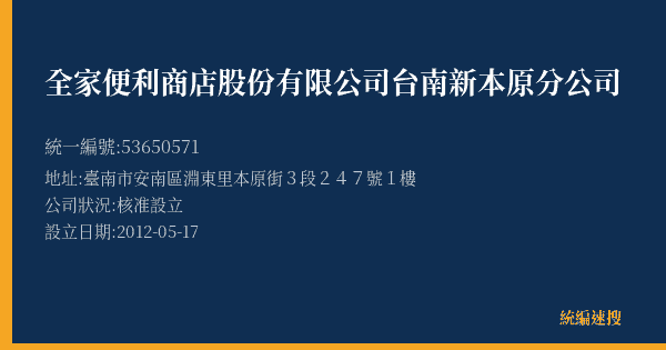 全家便利商店股份有限公司台南新本原分公司的照片-統編 53650571(臺南市) 公司登記資料與營業項目詳細圖表