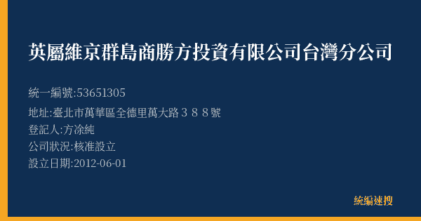 英屬維京群島商勝方投資有限公司台灣分公司的照片-統編 53651305(臺北市) 公司登記資料與營業項目詳細圖表
