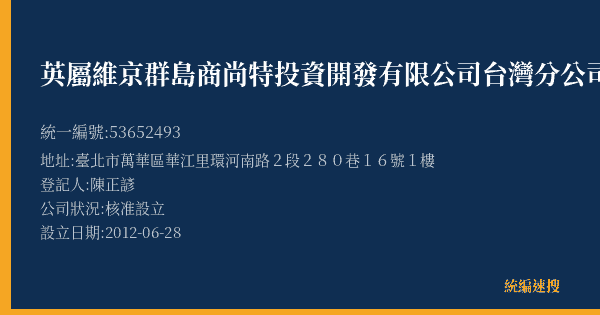 英屬維京群島商尚特投資開發有限公司台灣分公司的照片-統編 53652493(臺北市) 公司登記資料與營業項目詳細圖表